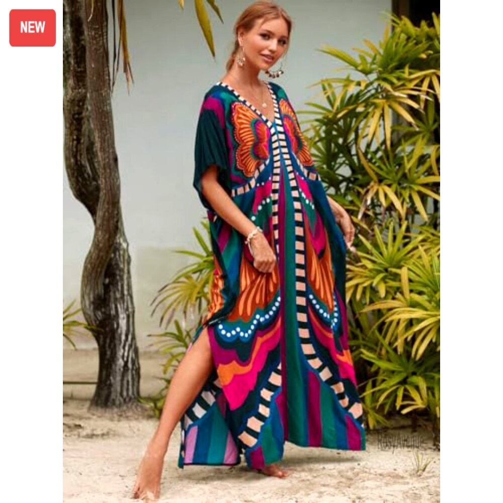 Plus Size Kaftan Maxi Beach Dress Cover Up Flowing Synthetic Silk - Picture 6 of 8